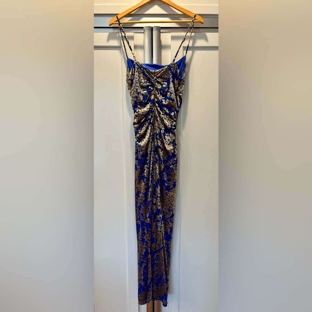 Avec Les Filles Burn Out Blue and Gold Ruched Floral Maxi Dress size L - Picture 8 of 12